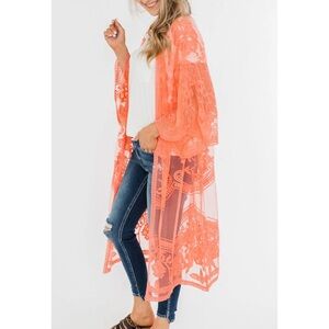 She & Sky Coral Half-Sleeve Crochet Lace Midi Kimono